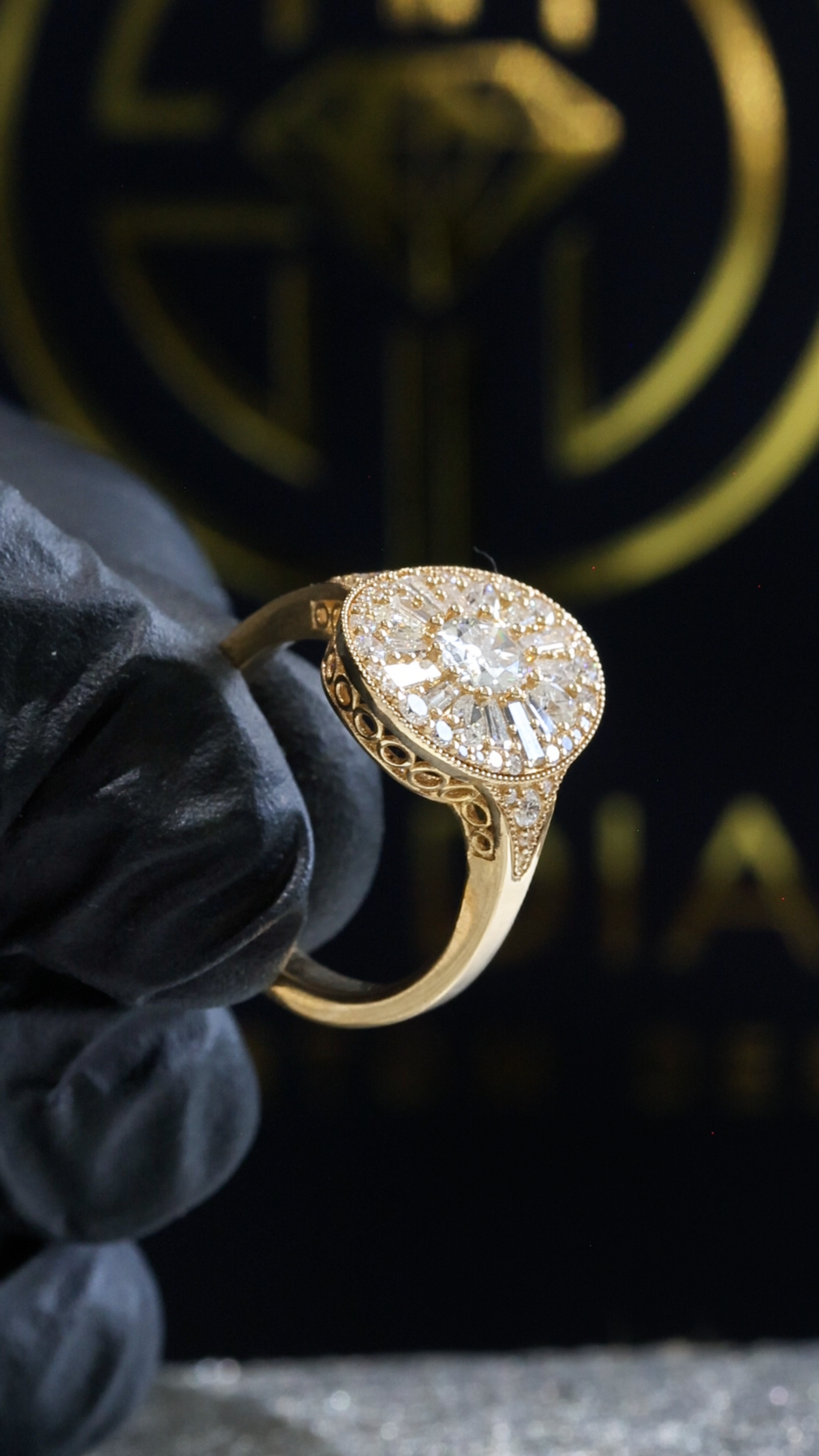 Natural Diamond Oval Halo Mosaic Ring with Mixed-Cut Starburst in Yellow Gold | Vintage-Inspired Statement Design