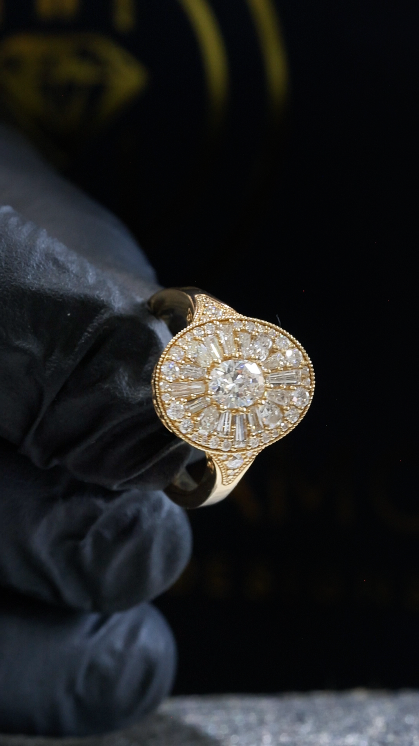 Natural Diamond Oval Halo Mosaic Ring with Mixed-Cut Starburst in Yellow Gold | Vintage-Inspired Statement Design