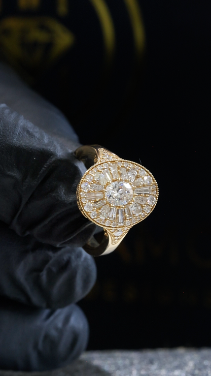 Natural Diamond Oval Halo Mosaic Ring with Mixed-Cut Starburst in Yellow Gold | Vintage-Inspired Statement Design