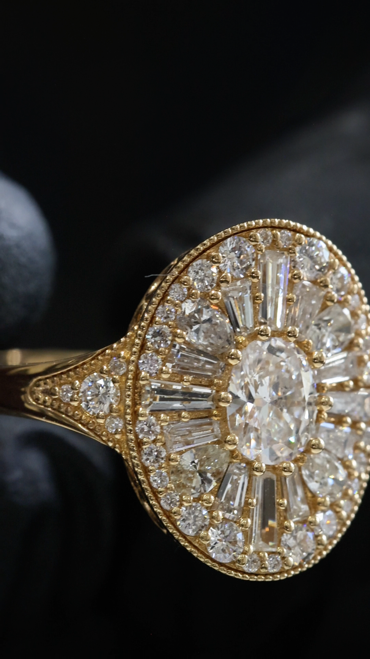 Natural Diamond Oval Halo Mosaic Ring with Mixed-Cut Starburst in Yellow Gold | Vintage-Inspired Statement Design