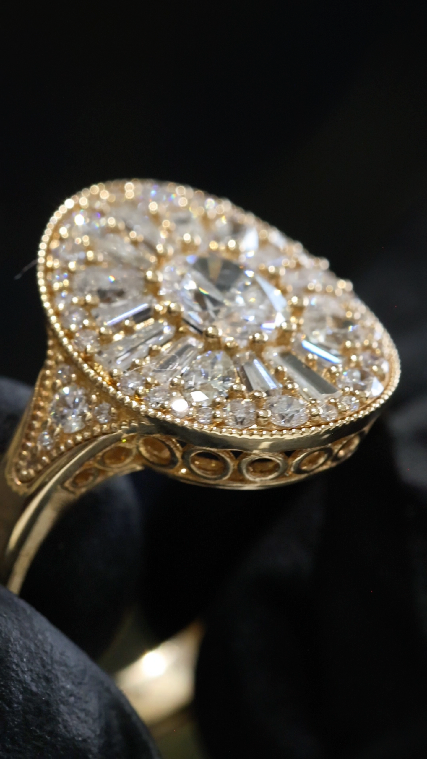 Natural Diamond Oval Halo Mosaic Ring with Mixed-Cut Starburst in Yellow Gold | Vintage-Inspired Statement Design