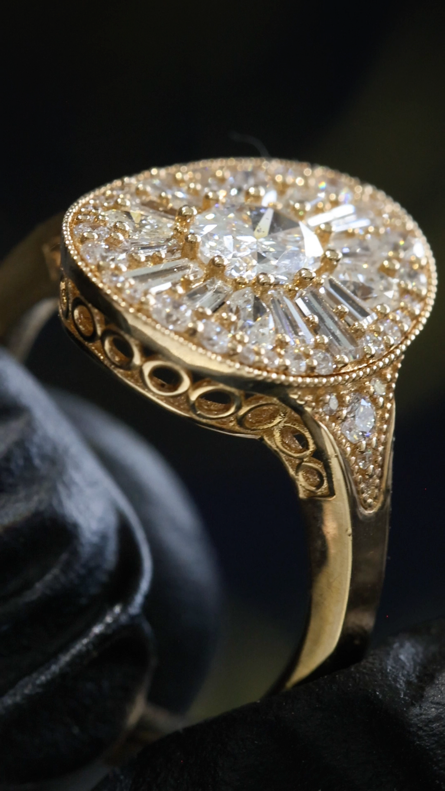 Natural Diamond Oval Halo Mosaic Ring with Mixed-Cut Starburst in Yellow Gold | Vintage-Inspired Statement Design