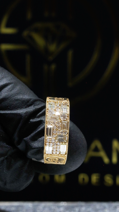Natural Diamond Wide Band Mosaic Ring in Yellow Gold | Vintage-Inspired Statement Design
