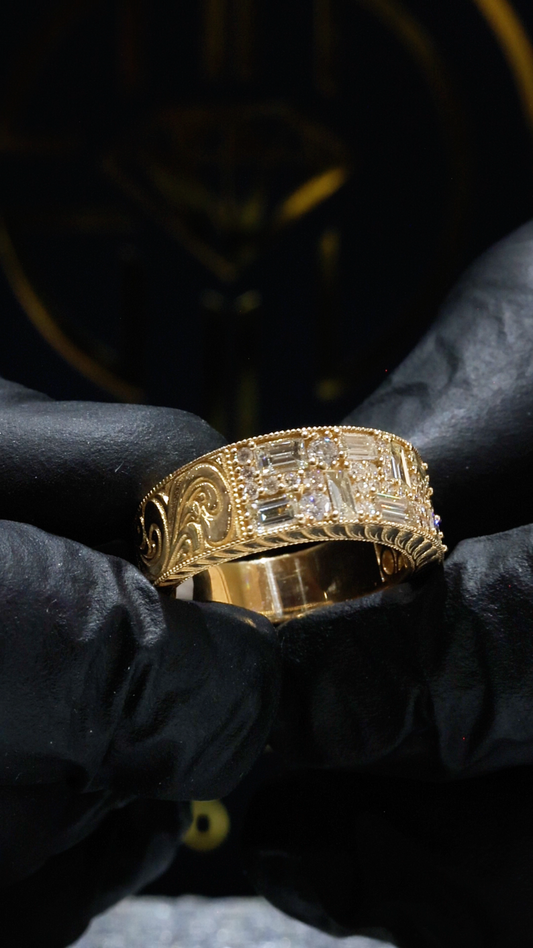 Natural Diamond Wide Band Mosaic Ring in Yellow Gold | Vintage-Inspired Statement Design
