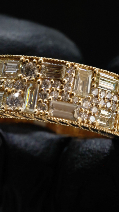 Natural Diamond Wide Band Mosaic Ring in Yellow Gold | Vintage-Inspired Statement Design