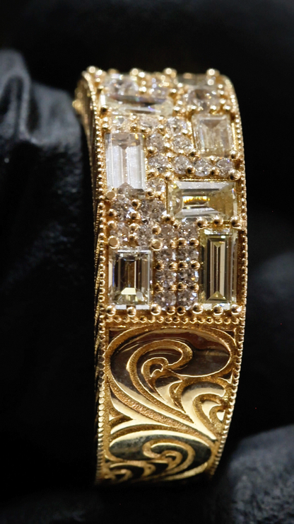 Natural Diamond Wide Band Mosaic Ring in Yellow Gold | Vintage-Inspired Statement Design
