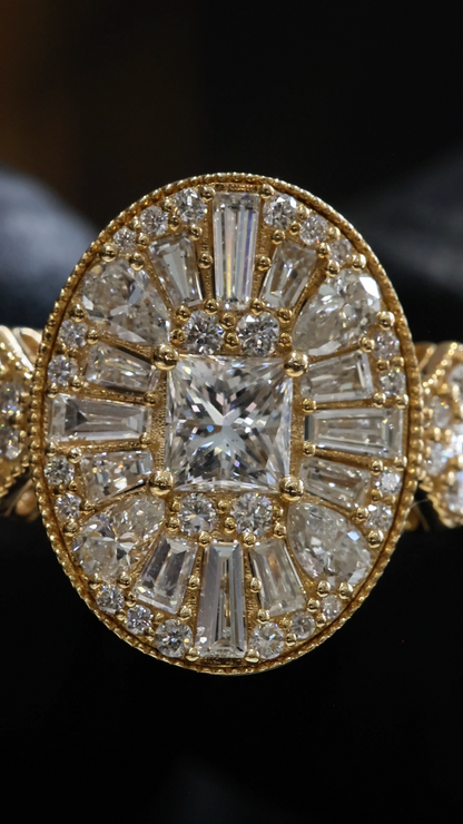 Natural Diamond Oval Halo Mosaic Ring with Princess-Cut Center in Yellow Gold | Vintage-Inspired Statement Design