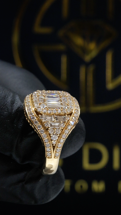 Natural Diamond Baguette & Round Cluster Halo Ring in Yellow Gold | Bold Vintage Statement Design
