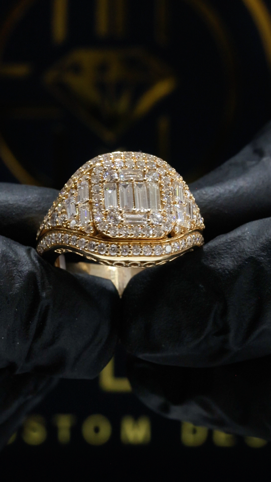 Natural Diamond Baguette & Round Cluster Halo Ring in Yellow Gold | Bold Vintage Statement Design