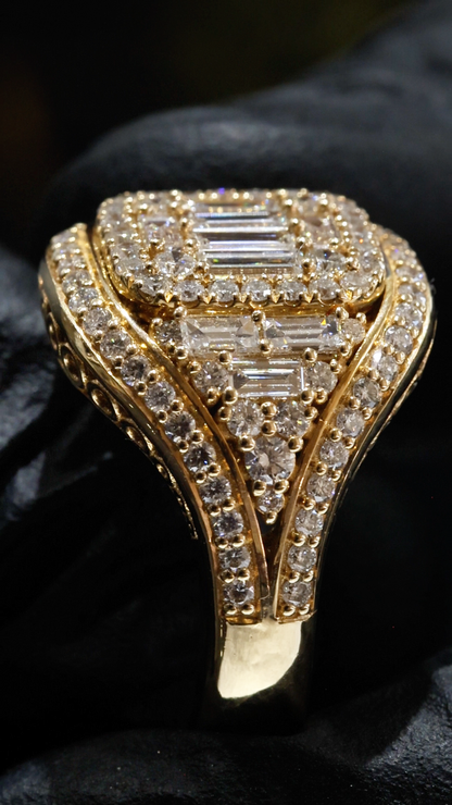 Natural Diamond Baguette & Round Cluster Halo Ring in Yellow Gold | Bold Vintage Statement Design