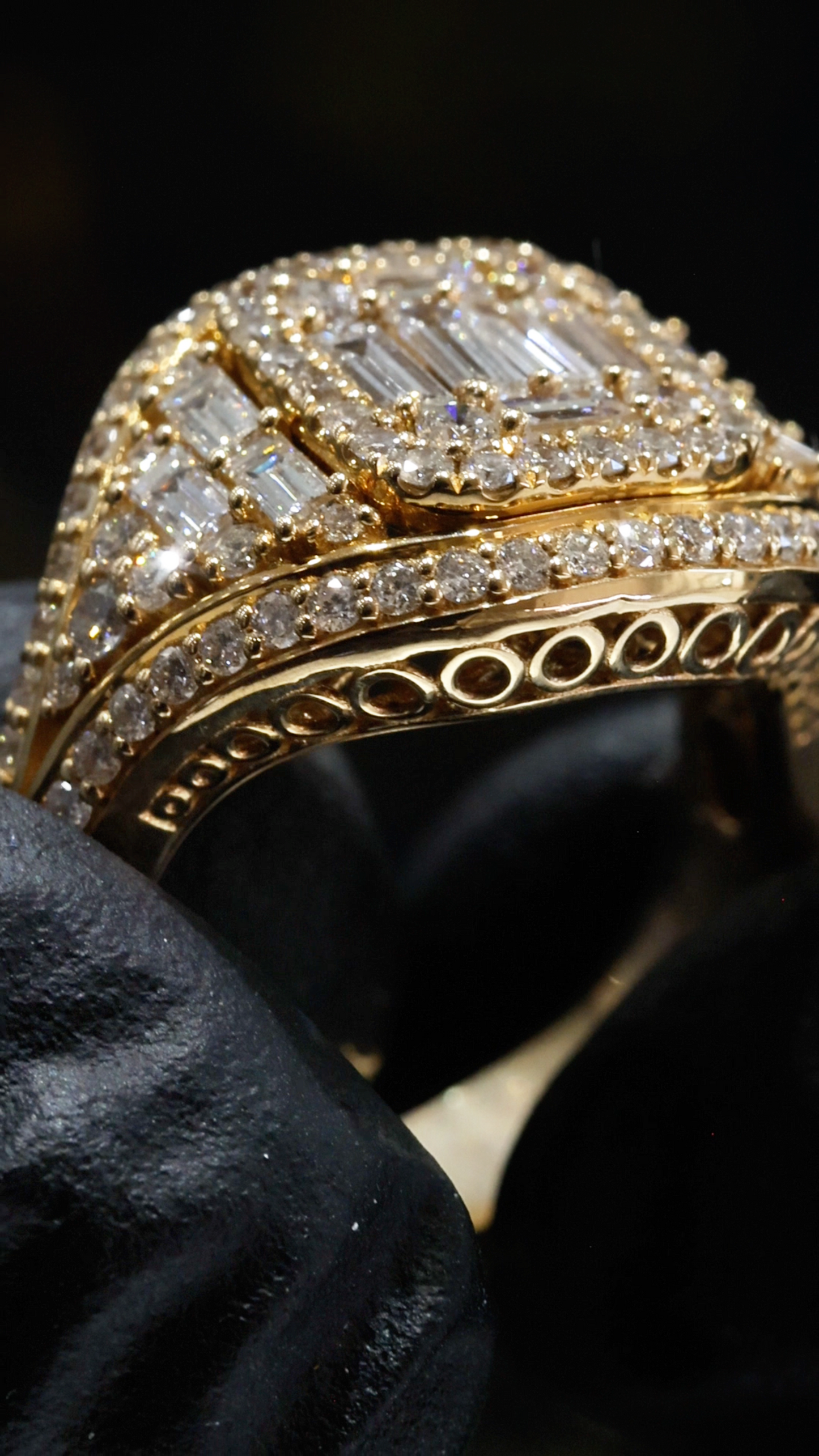 Natural Diamond Baguette & Round Cluster Halo Ring in Yellow Gold | Bold Vintage Statement Design