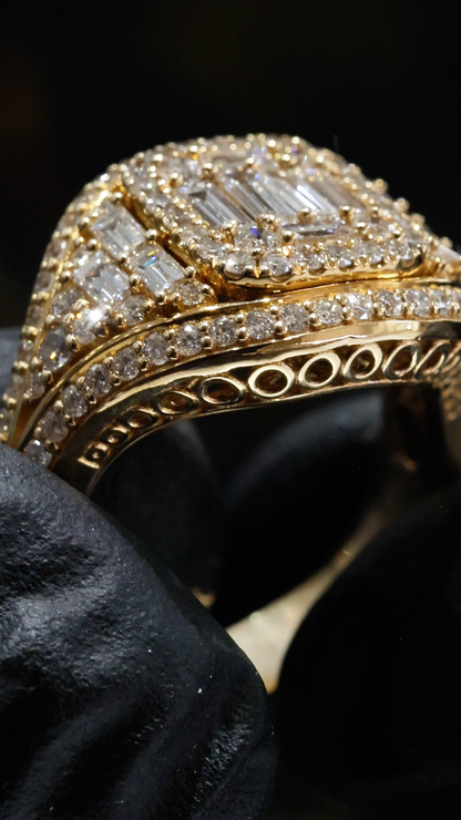 Natural Diamond Baguette & Round Cluster Halo Ring in Yellow Gold | Bold Vintage Statement Design