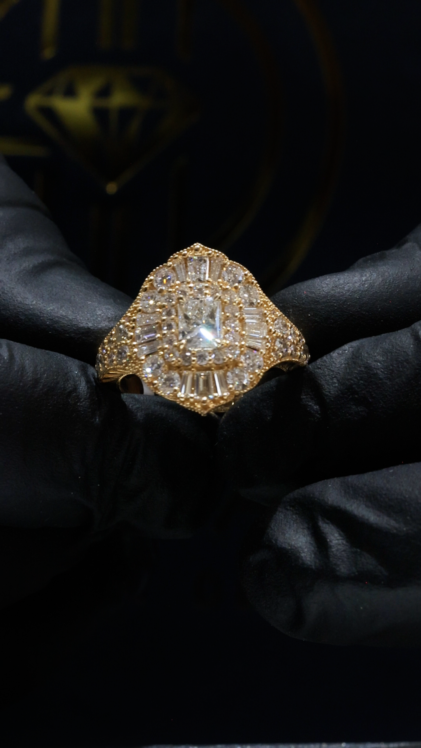 Natural Diamond Cushion Halo Mosaic Ring in Yellow Gold | Vintage-Inspired Statement DesignNatural Diamond Cushion Halo Mosaic Ring in Yellow Gold | Vintage-Inspired Statement Design