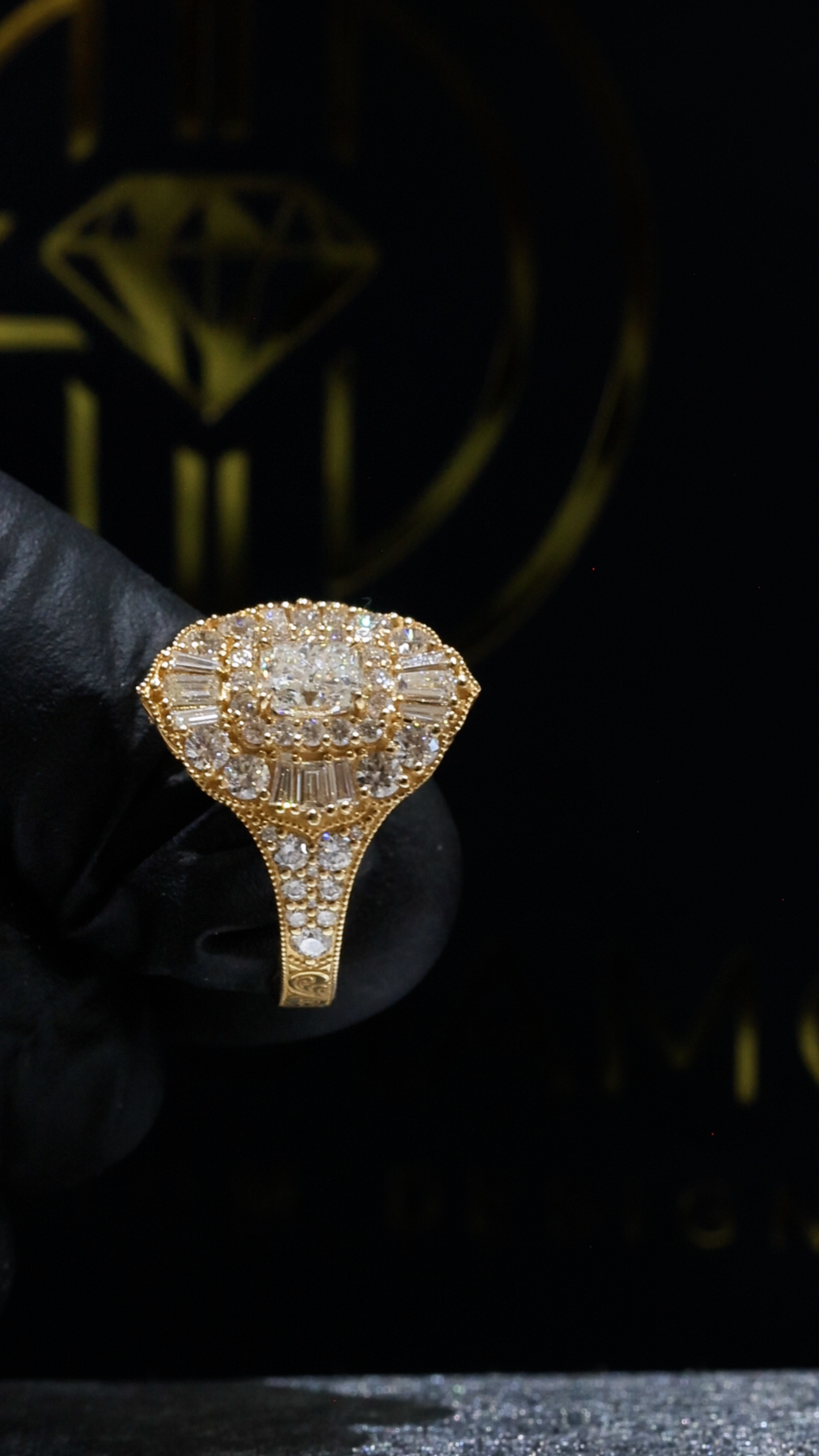 Natural Diamond Cushion Halo Mosaic Ring in Yellow Gold | Vintage-Inspired Statement DesignNatural Diamond Cushion Halo Mosaic Ring in Yellow Gold | Vintage-Inspired Statement Design