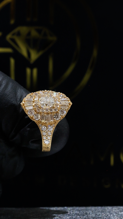 Natural Diamond Cushion Halo Mosaic Ring in Yellow Gold | Vintage-Inspired Statement DesignNatural Diamond Cushion Halo Mosaic Ring in Yellow Gold | Vintage-Inspired Statement Design