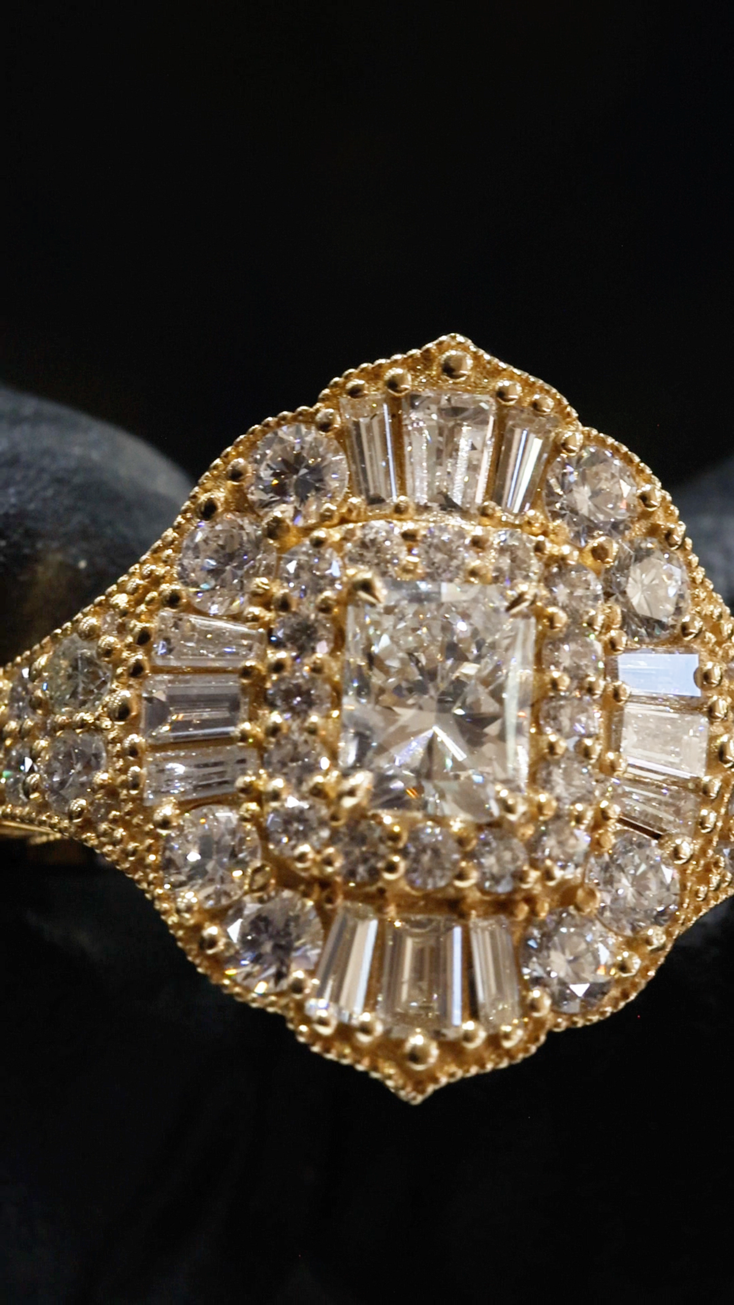 Natural Diamond Cushion Halo Mosaic Ring in Yellow Gold | Vintage-Inspired Statement DesignNatural Diamond Cushion Halo Mosaic Ring in Yellow Gold | Vintage-Inspired Statement Design