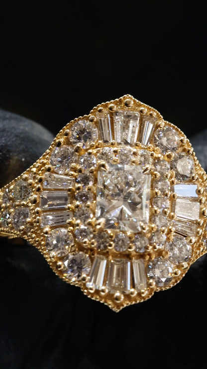Natural Diamond Cushion Halo Mosaic Ring in Yellow Gold | Vintage-Inspired Statement DesignNatural Diamond Cushion Halo Mosaic Ring in Yellow Gold | Vintage-Inspired Statement Design
