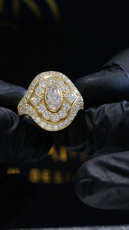 Natural Diamond Oval Halo Ring with Pavé Split Shank in Yellow Gold | Elegant Statement Design