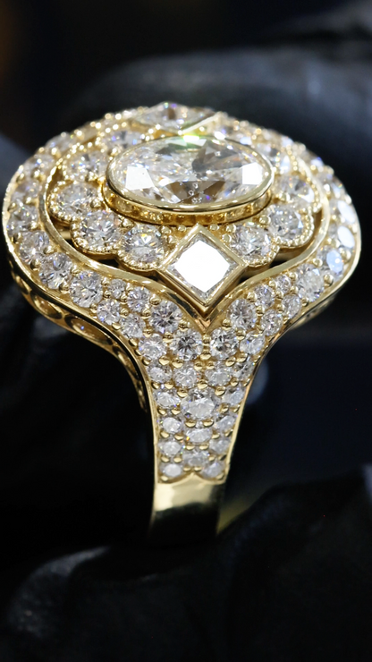 Natural Diamond Oval Halo Ring with Pavé Split Shank in Yellow Gold | Elegant Statement Design