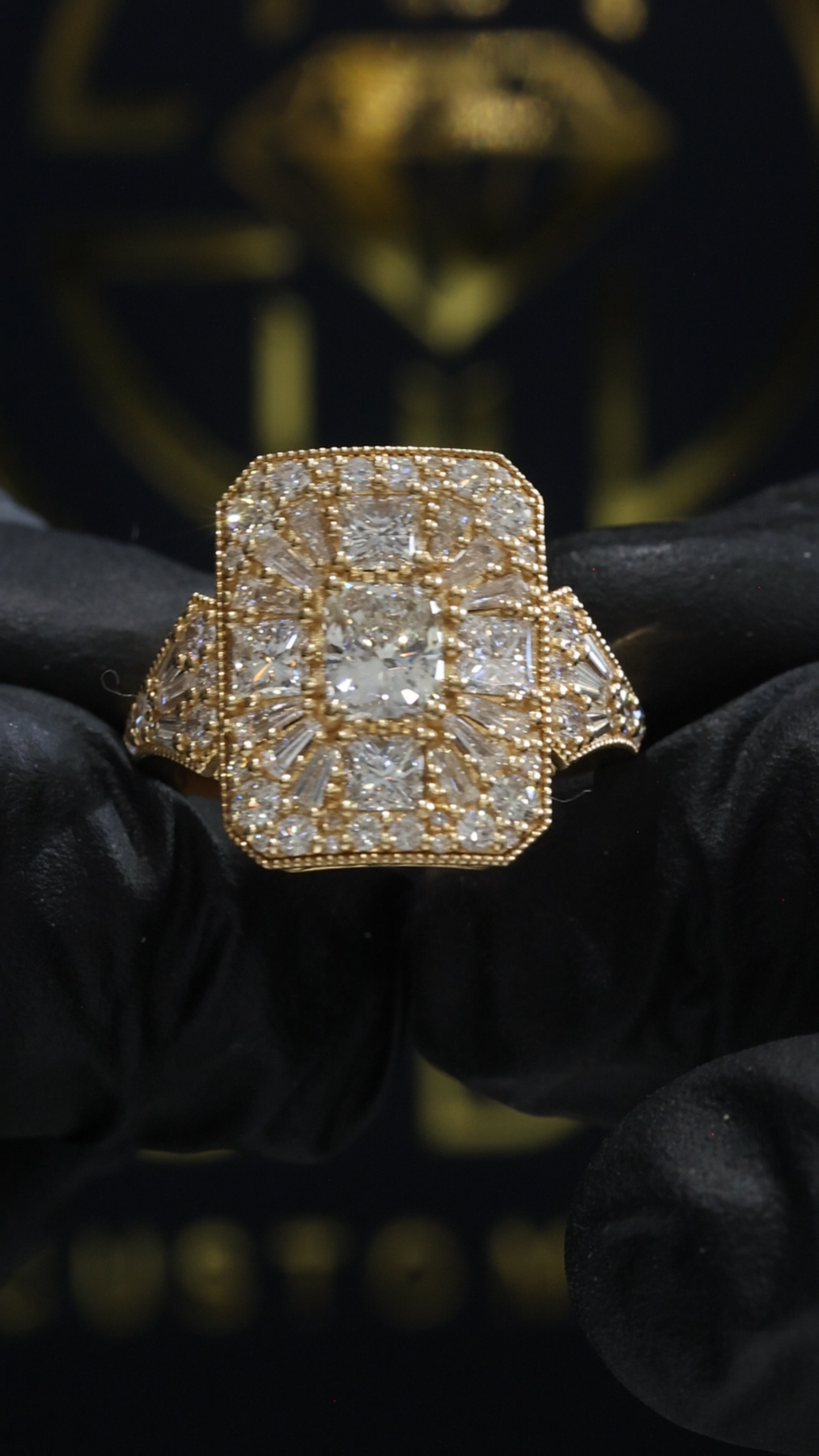 Natural Diamond Square Cluster Halo Ring in Yellow Gold | Bold Vintage Statement Design