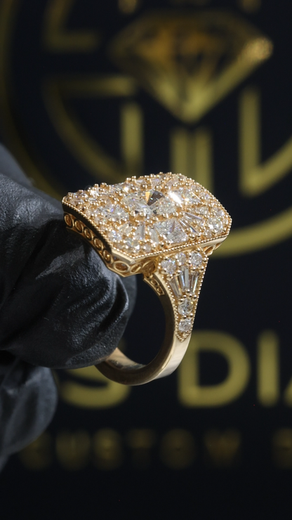 Natural Diamond Square Cluster Halo Ring in Yellow Gold | Bold Vintage Statement Design