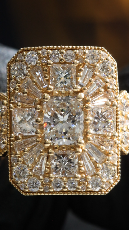 Natural Diamond Square Cluster Halo Ring in Yellow Gold | Bold Vintage Statement Design