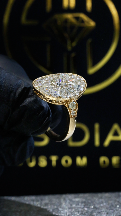 Oval Diamond Mosaic Halo Ring with Mixed-Cut Design in Two-Tone Gold | Elegant Statement Style