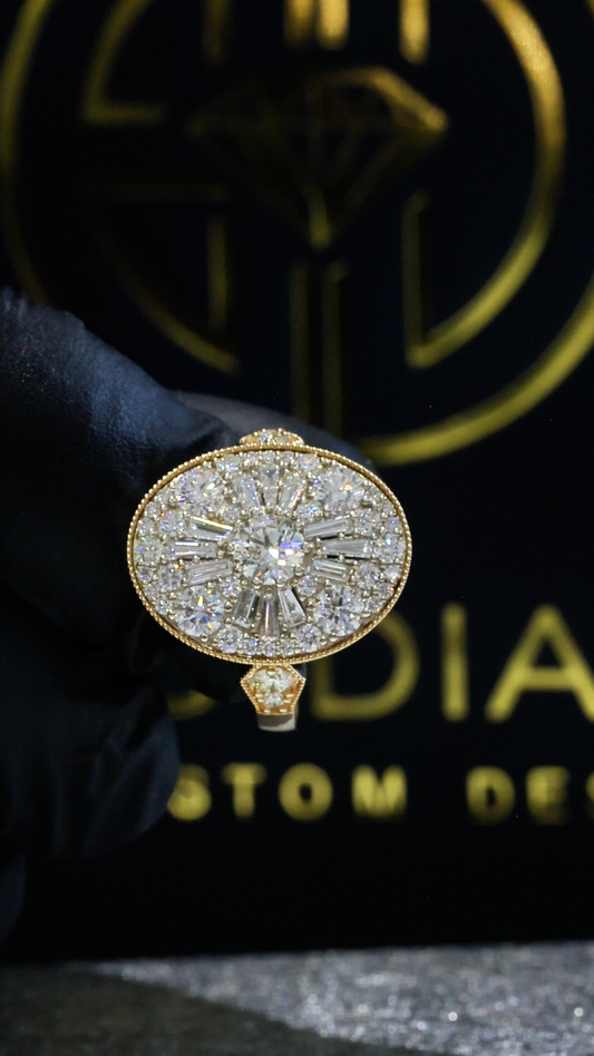 Oval Diamond Mosaic Halo Ring with Mixed-Cut Design in Two-Tone Gold | Elegant Statement Style
