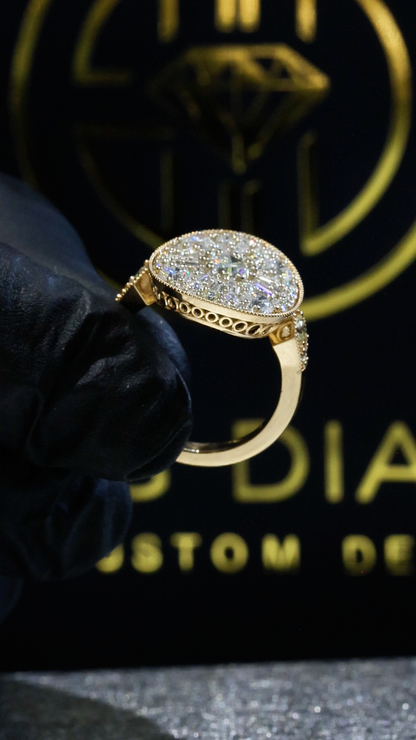 Oval Diamond Mosaic Halo Ring with Mixed-Cut Design in Two-Tone Gold | Elegant Statement Style
