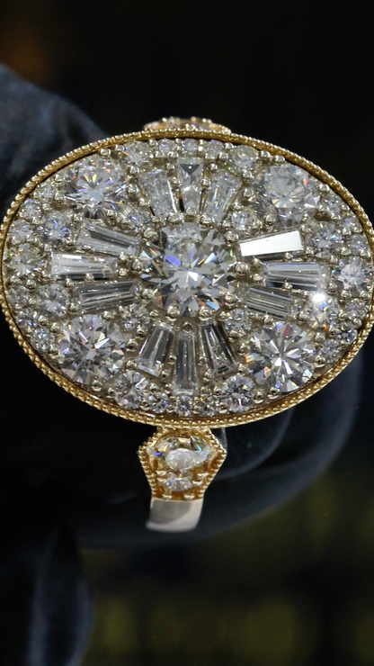 Oval Diamond Mosaic Halo Ring with Mixed-Cut Design in Two-Tone Gold | Elegant Statement Style