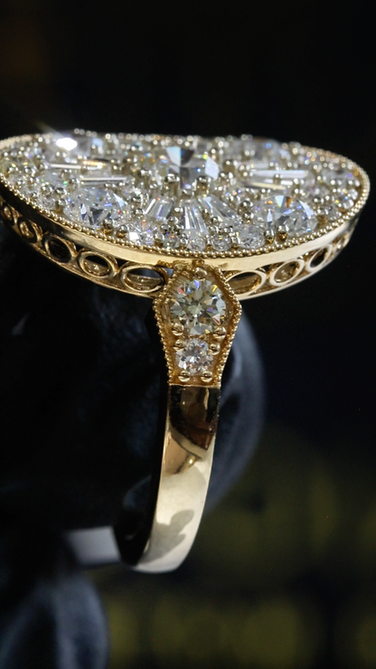 Oval Diamond Mosaic Halo Ring with Mixed-Cut Design in Two-Tone Gold | Elegant Statement Style
