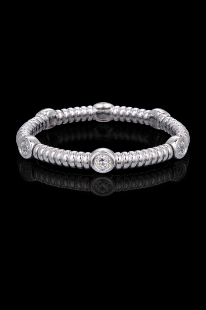 Bezel-Set Diamond Station Stackable Band in 14K White Gold | 0.10 CTW Textured Ring