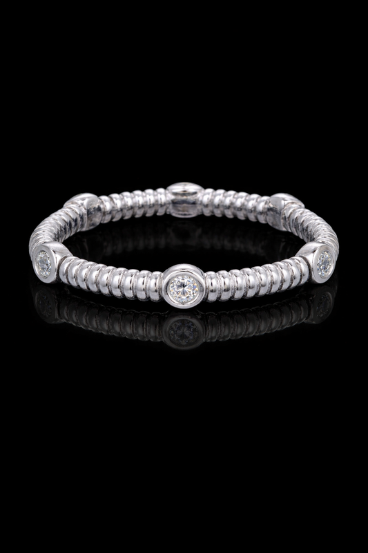 Bezel-Set Diamond Station Stackable Band in 14K White Gold | 0.10 CTW Textured Ring