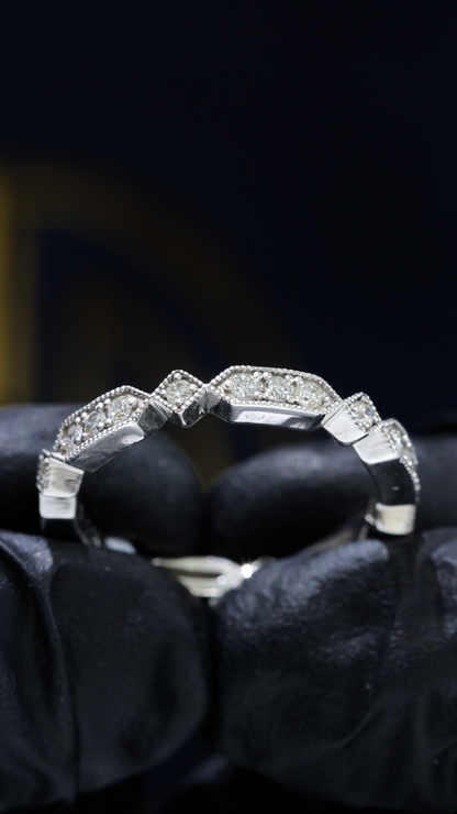 Natural Diamond Eternity Ring 14K White Gold | 0.35CT Milgrain Geometric Band