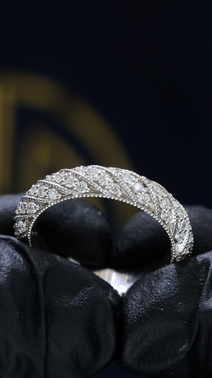 Intricate Woven Diamond Eternity Band in 14K White Gold | 0.95 CTW Milgrain Statement Band