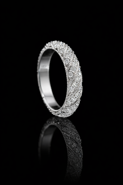 Intricate Woven Diamond Eternity Band in 14K White Gold | 0.95 CTW Milgrain Statement Band