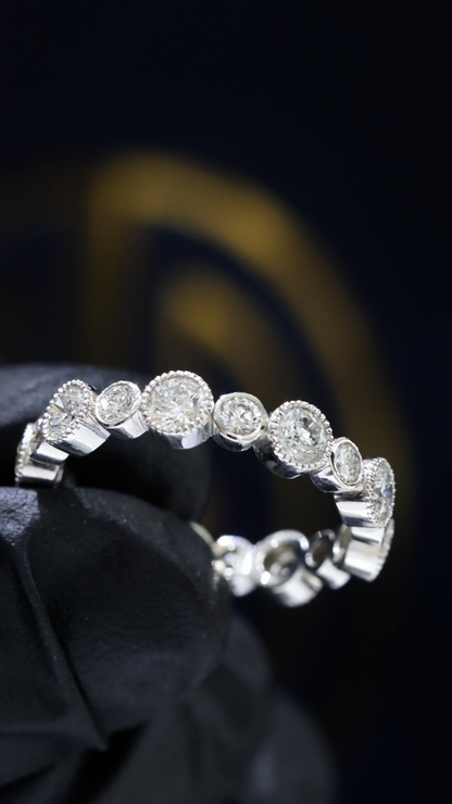 Natural Diamond Alternating Bezel Eternity Band in 14K White Gold | Vintage Milgrain Design