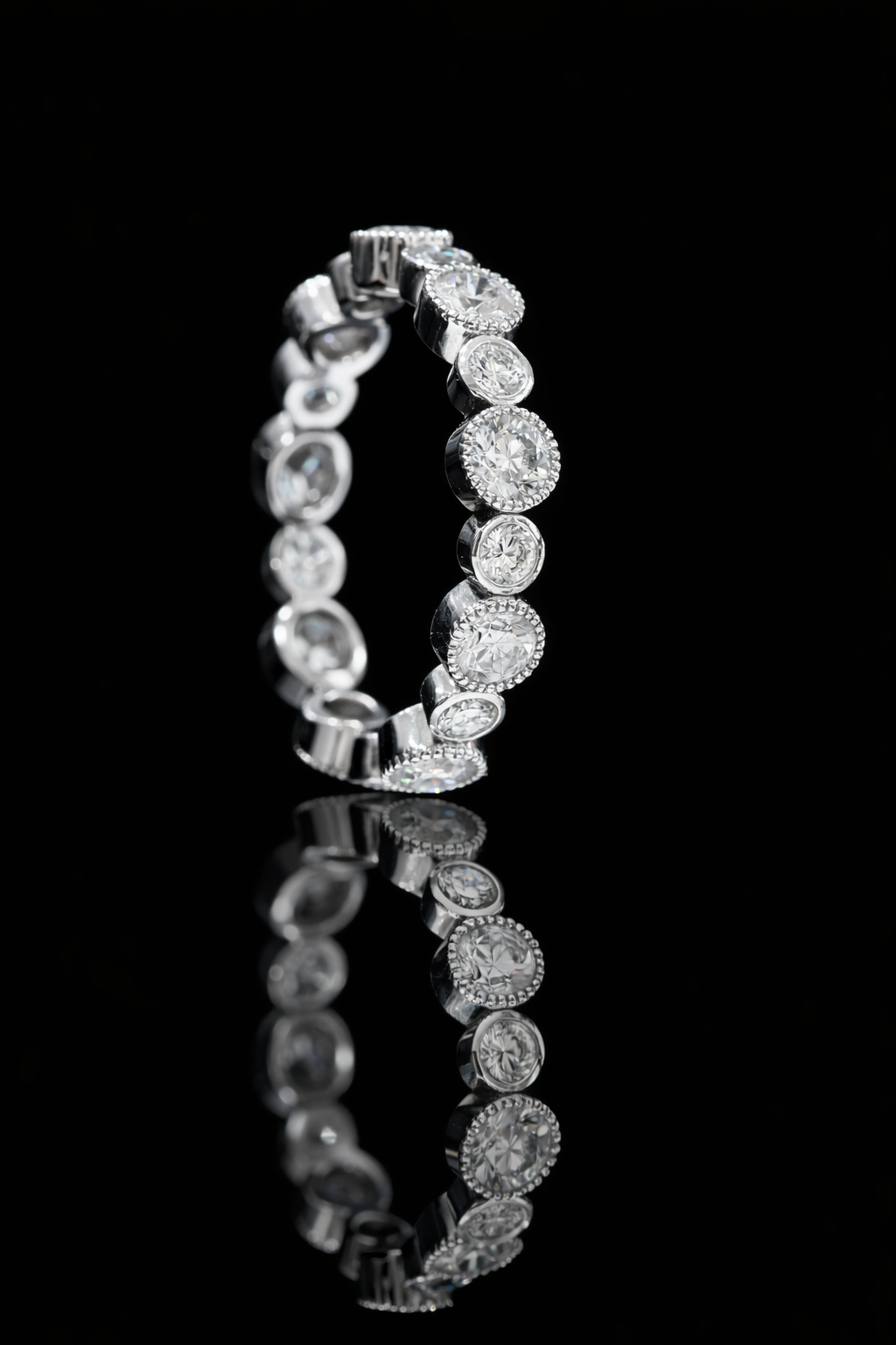Natural Diamond Alternating Bezel Eternity Band in 14K White Gold | Vintage Milgrain Design