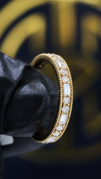 Vintage-Inspired Baguette & Round Diamond Eternity Band in 14K Yellow Gold | 0.90 CTW Milgrain Setting