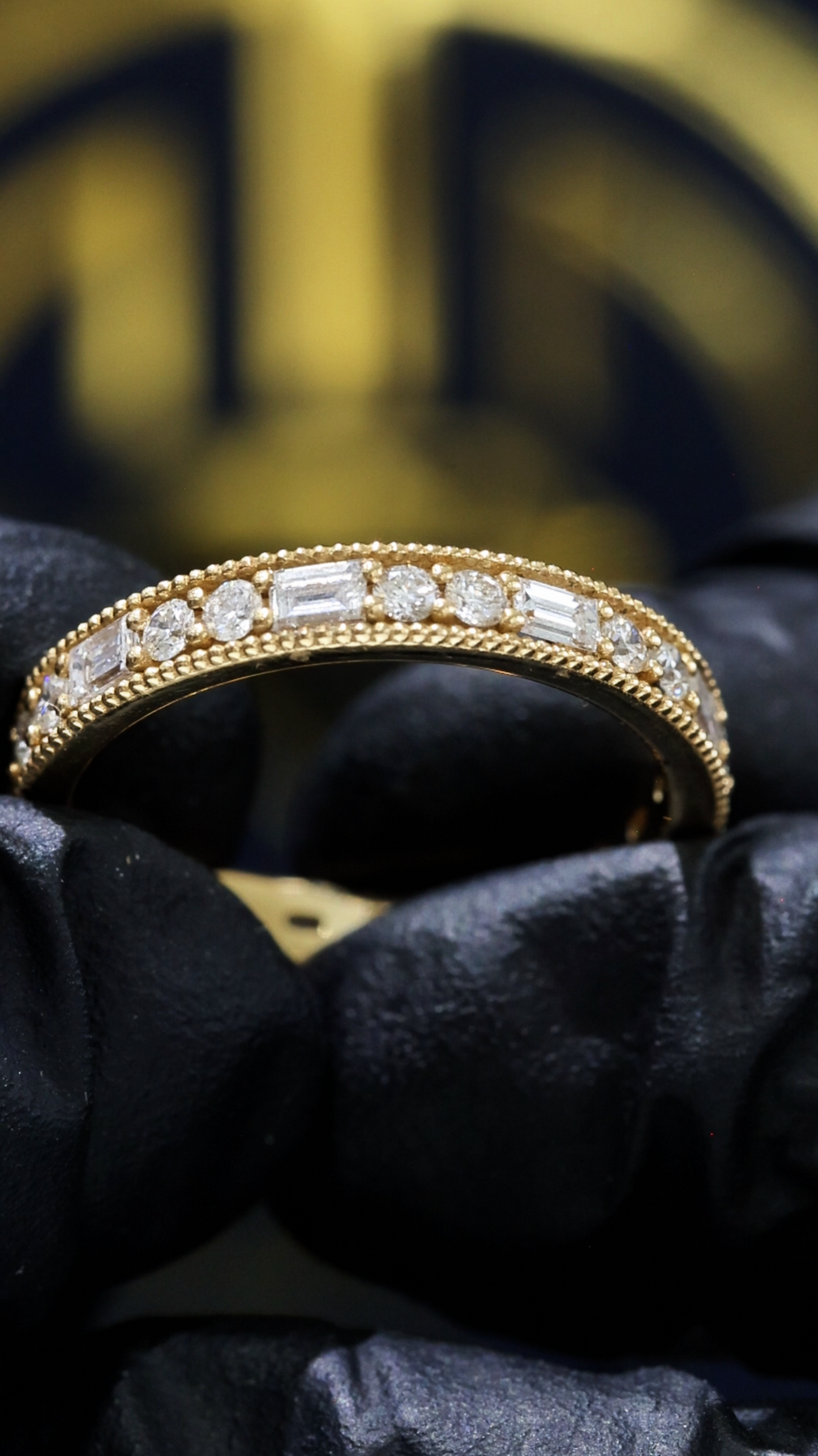 Vintage-Inspired Baguette & Round Diamond Eternity Band in 14K Yellow Gold | 0.90 CTW Milgrain Setting