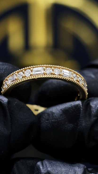 Vintage-Inspired Baguette & Round Diamond Eternity Band in 14K Yellow Gold | 0.90 CTW Milgrain Setting