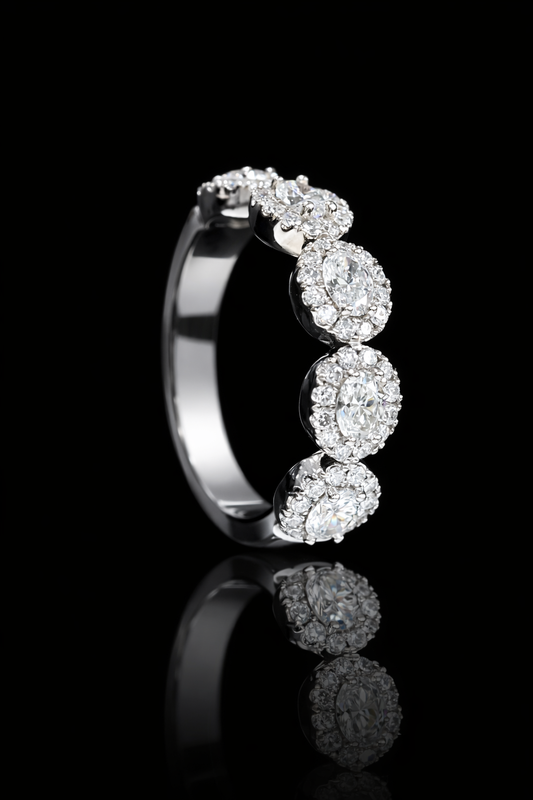 Oval Diamond Multi-Halo Anniversary Band in 14K White Gold | 1.00 CTW Statement Ring