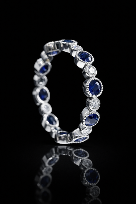 Natural Blue Sapphire & Diamond Eternity Band Ring in 14K White Gold | Bezel Milgrain Set