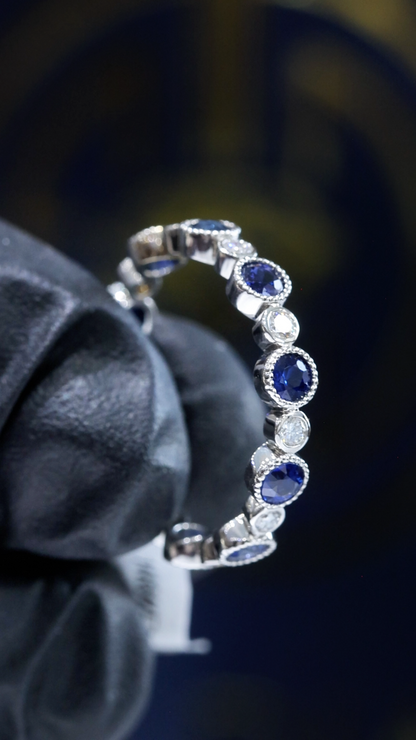 Natural Blue Sapphire & Diamond Eternity Band Ring in 14K White Gold | Bezel Milgrain Set