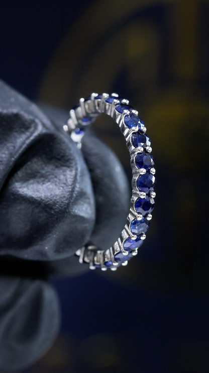 Natural Blue Sapphire Eternity Band Ring in 14K White Gold | Round Prong Set
