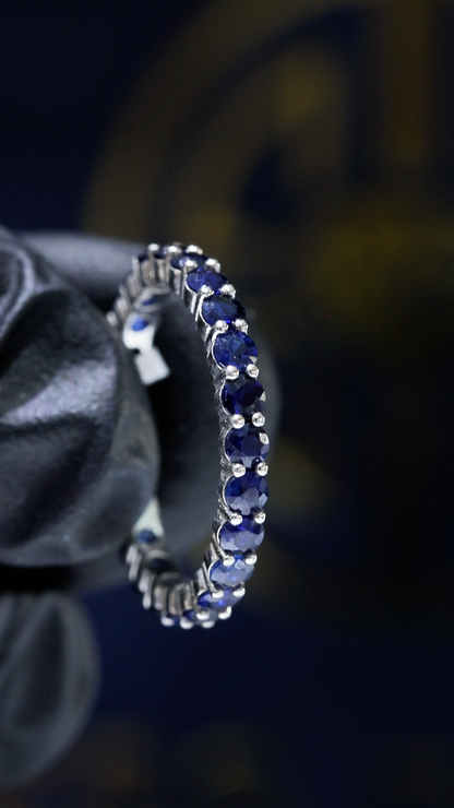 Natural Blue Sapphire Eternity Band Ring in 14K White Gold | Round Prong Set