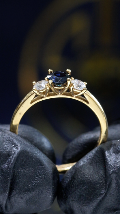 Natural Blue Sapphire & Diamond Three-Stone Ring in 14K Yellow Gold | Round Brilliant Accent Setting