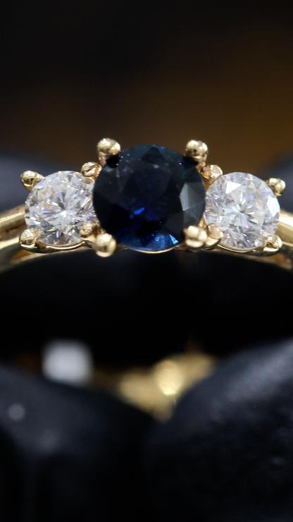 Natural Blue Sapphire & Diamond Three-Stone Ring in 14K Yellow Gold | Round Brilliant Accent Setting