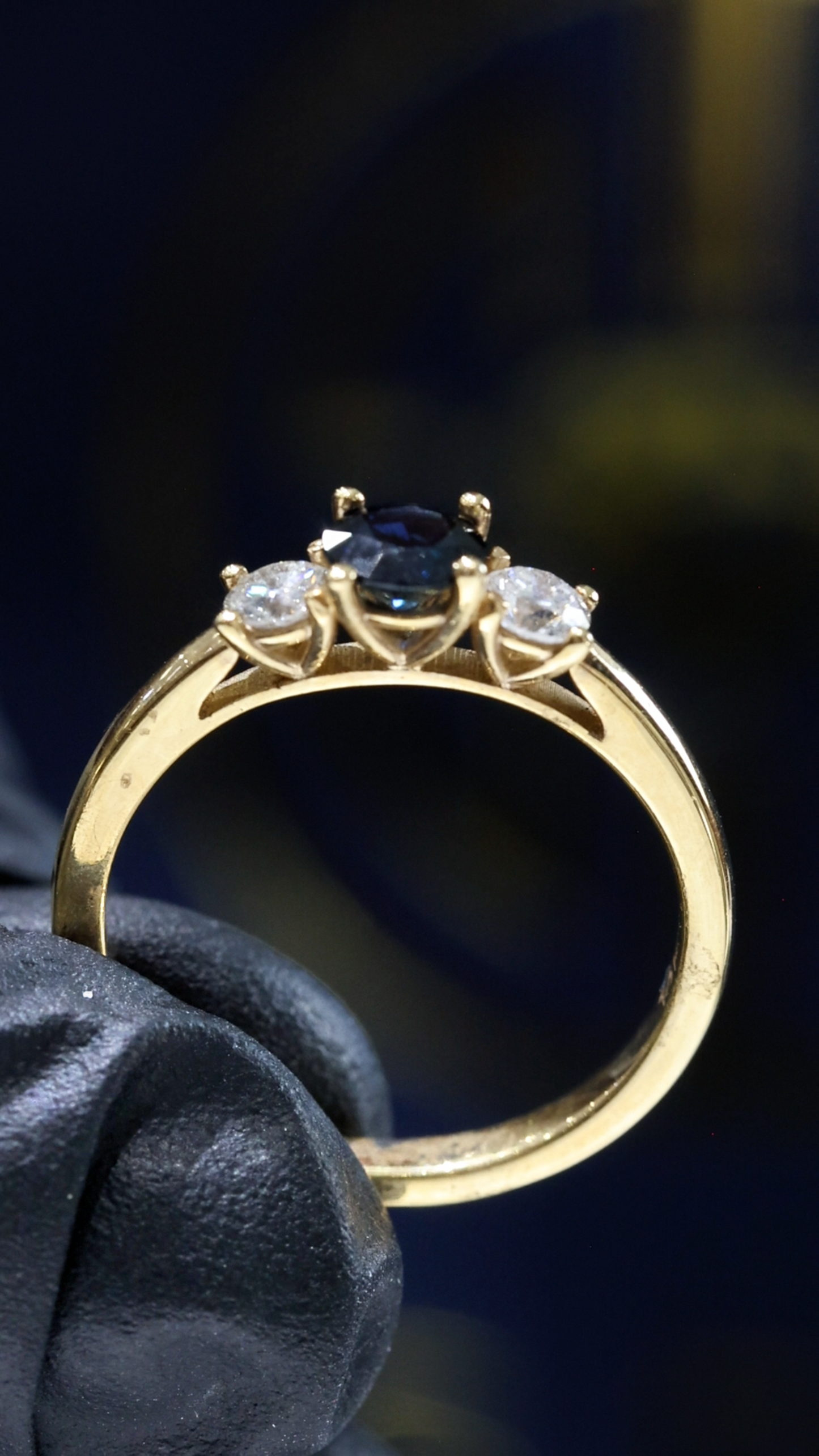 Natural Blue Sapphire & Diamond Three-Stone Ring in 14K Yellow Gold | Round Brilliant Accent Setting
