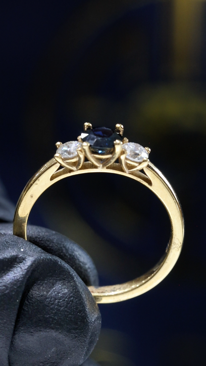 Natural Blue Sapphire & Diamond Three-Stone Ring in 14K Yellow Gold | Round Brilliant Accent Setting
